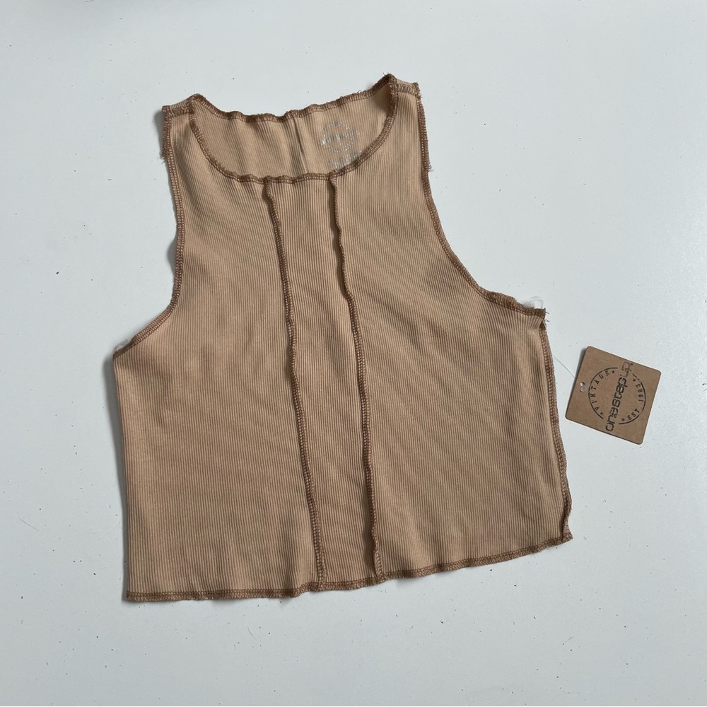 One Step Up Crop Top Tank Lightweight Ribbed Tan Brown